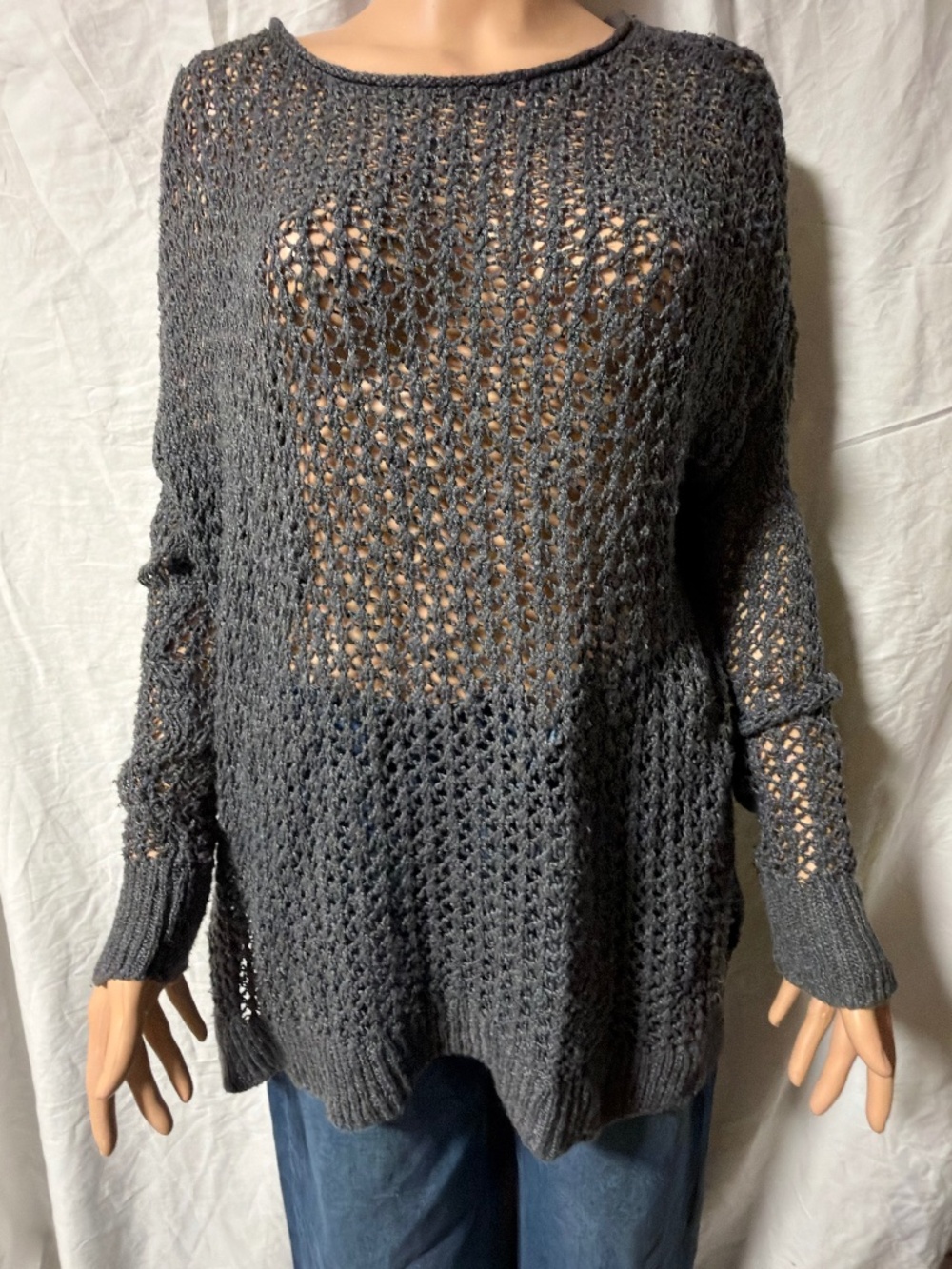 Charcoal Grey Open Knit Slouchy Tunic Sweater Boatneck Grunge S/M